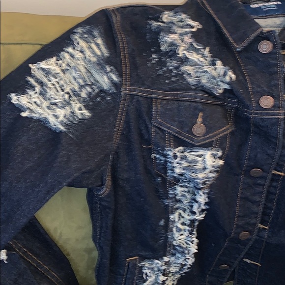 Custom distressed navy denim jacket - Picture 2 of 6